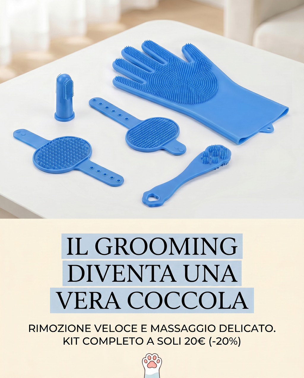 waglY Kit Toelettatura Cani e Gatti 6 Pezzi - Guanti Doccia in Silicone, Spazzola Massaggio e Rimozione Pelo
