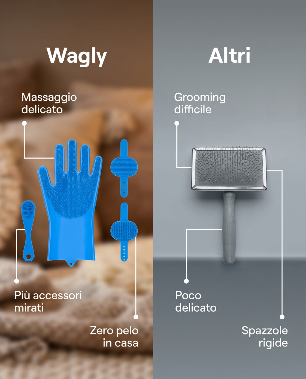 waglY Kit Toelettatura Cani e Gatti 6 Pezzi - Guanti Doccia in Silicone, Spazzola Massaggio e Rimozione Pelo