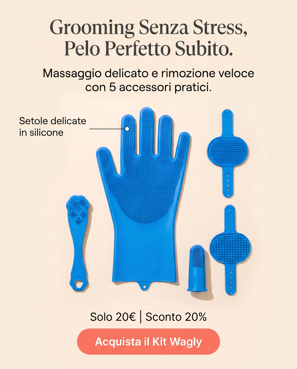 waglY Kit Toelettatura Cani e Gatti 6 Pezzi - Guanti Doccia in Silicone, Spazzola Massaggio e Rimozione Pelo