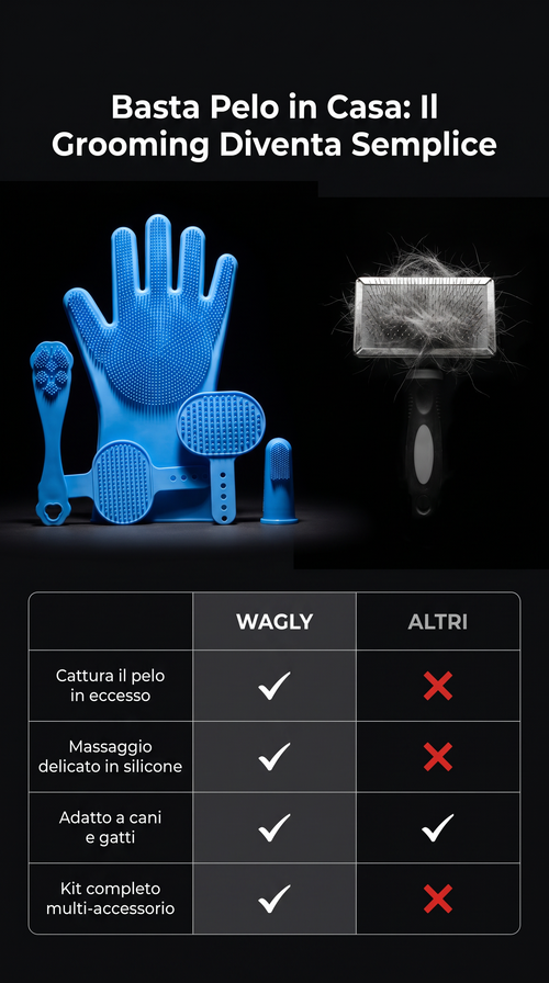 waglY Kit Toelettatura Cani e Gatti 6 Pezzi - Guanti Doccia in Silicone, Spazzola Massaggio e Rimozione Pelo